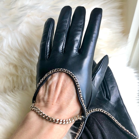Cole Haan black leather and chain gloves - Picture 2 of 4